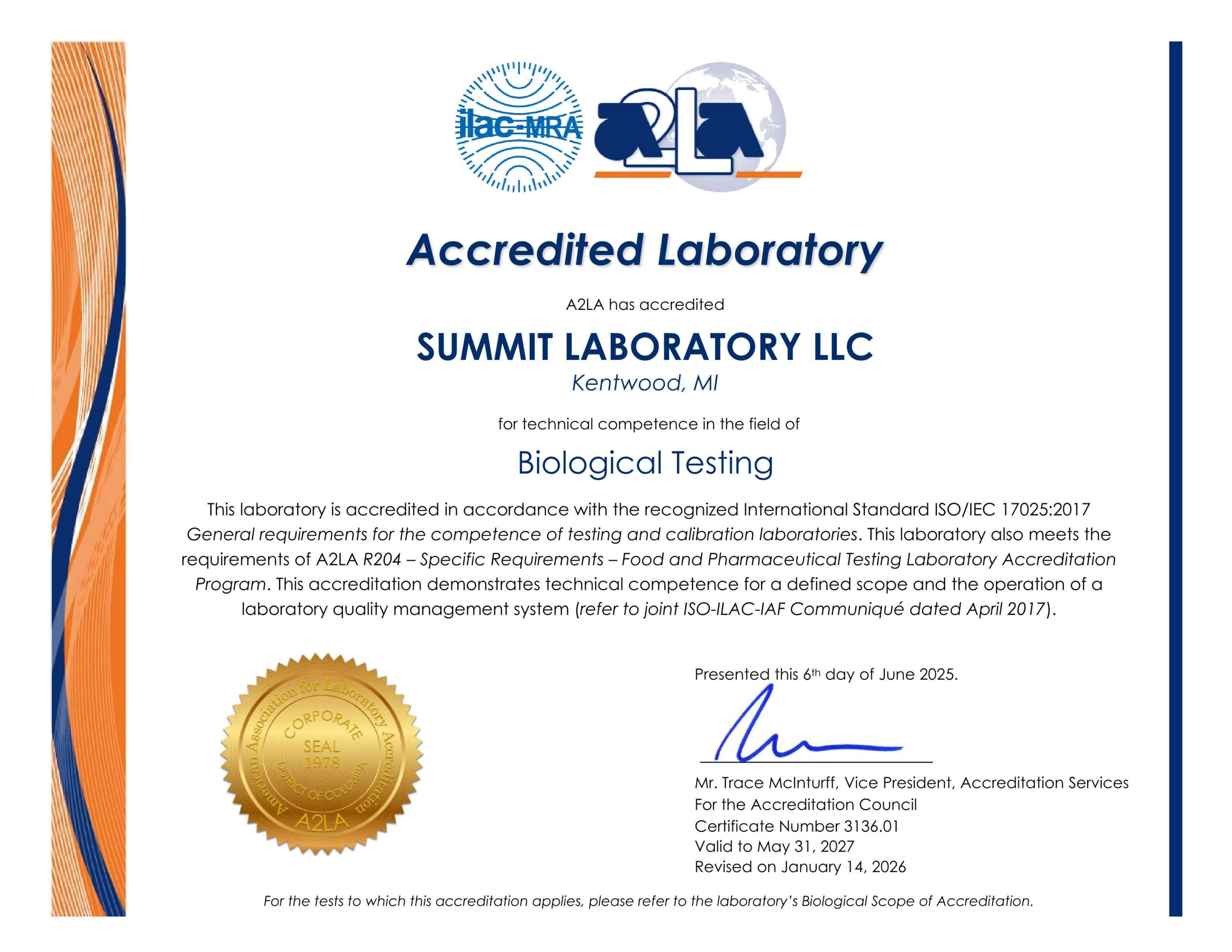 Summit A2LA ISO 17025 accredited cert (only) Exp 2027 Summit A2LA ISO 17025 accredited methods scope 2020-3