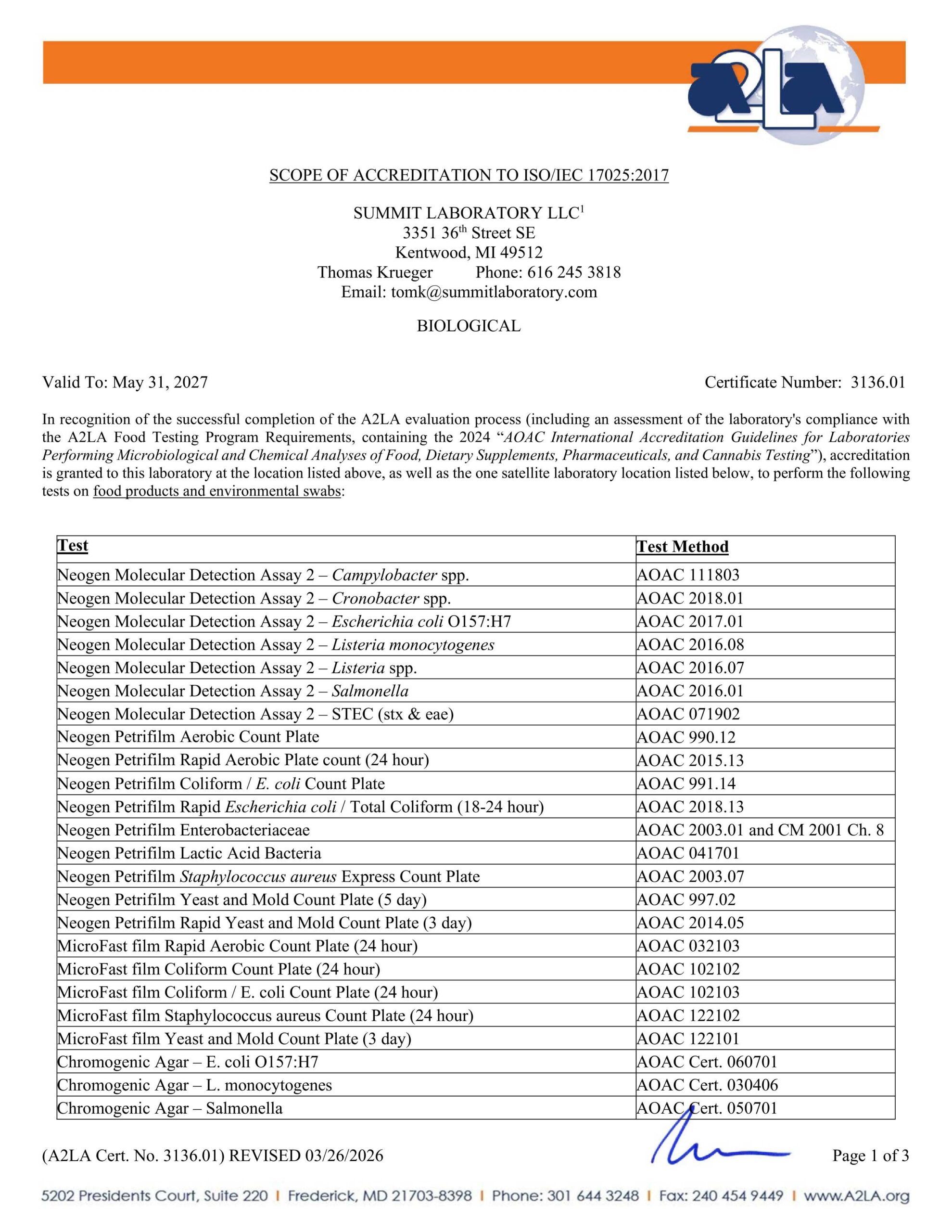 Summit A2LA ISO 17025 accredited methods scope 2020-1